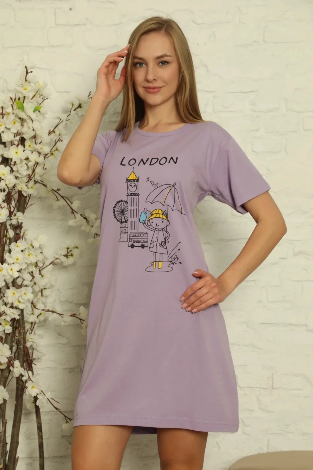 Women’s London Print Short-Sleeve Relaxed Nightgown — Yaşar Underwear